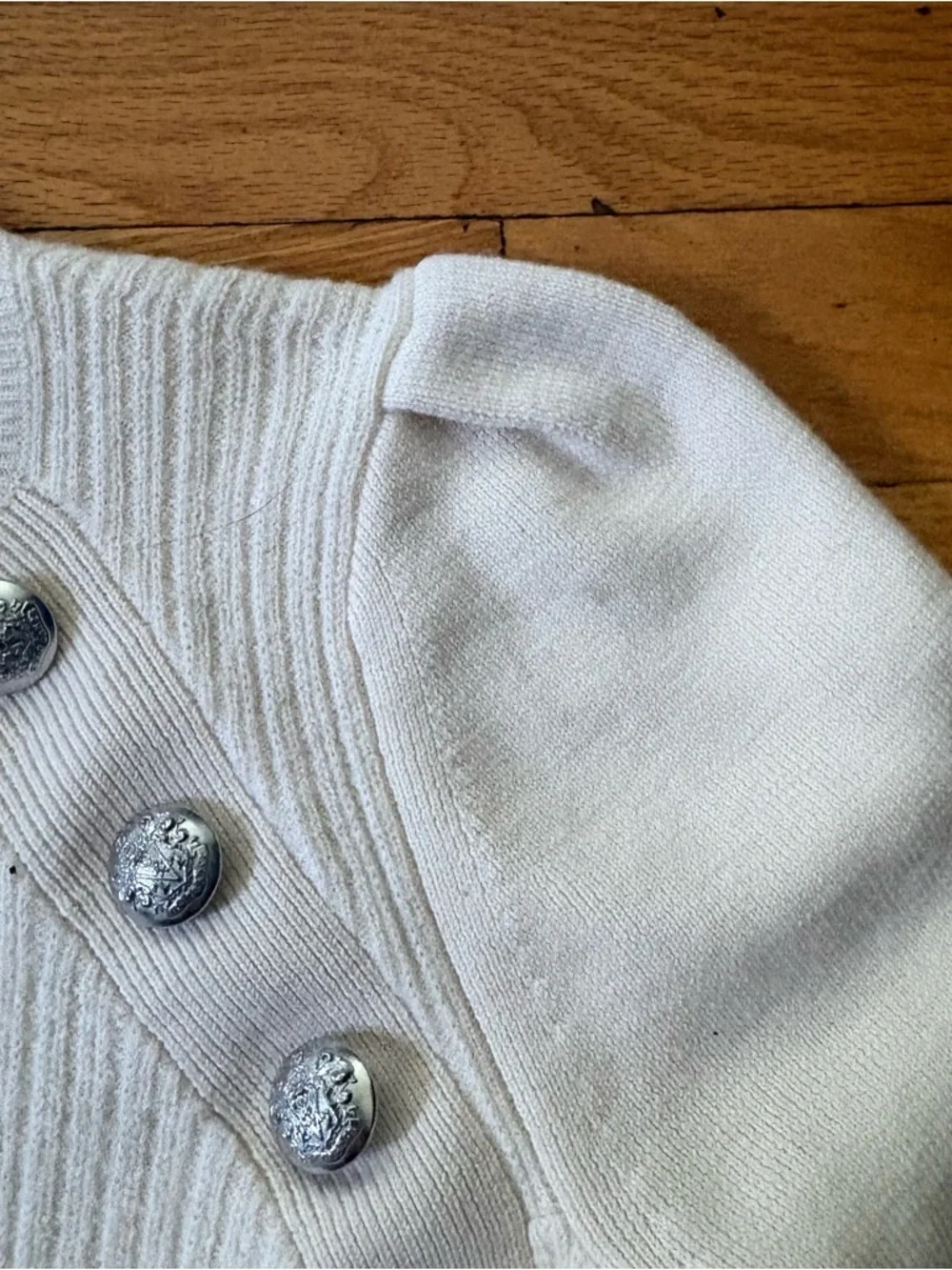 Veronica Beard Ribbed Sweater Cream Button Shoulder Puff Sleeve Size Small